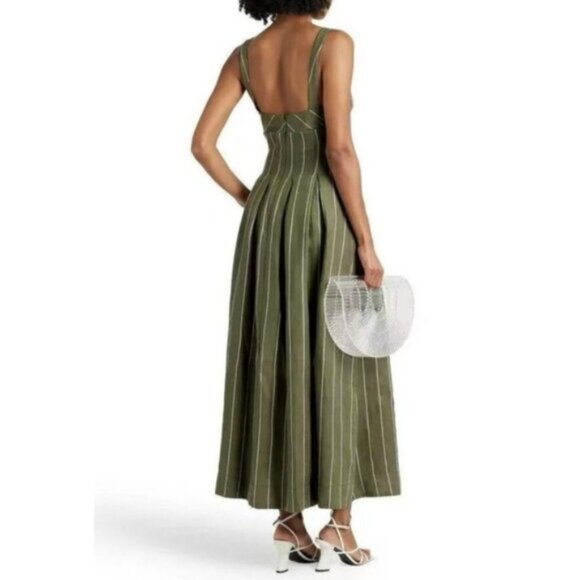 NWT NICHOLAS Selene Seamed Cami Linen Olive & White Striped Maxi Dress - Picture 3 of 16